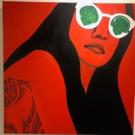 a painting of a women with the image of green demons reflected on her glasses